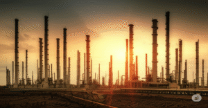  Industrial complex silhouetted against a dramatic sunset, representing potential investment in infrastructure and industry affected by regional instability.