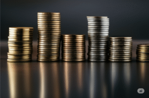 Stacks of gold, silver, and bronze coins gradually decreasing in height, illustrating the erosion of investment due to sustained geopolitical risk.