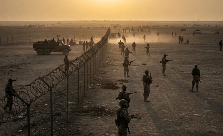 Indian and Pakistani soldiers stand guard on their respective sides of the heavily fenced border at sunset, symbolizing the ongoing tensions.