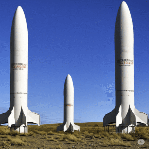 Three nuclear missiles stand ready, symbolizing the nuclear capabilities of India and Pakistan.